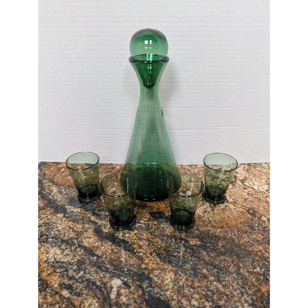 Vintage BLENKO art Glass Green DECANTER water Carafe MCM modern 4 Cups